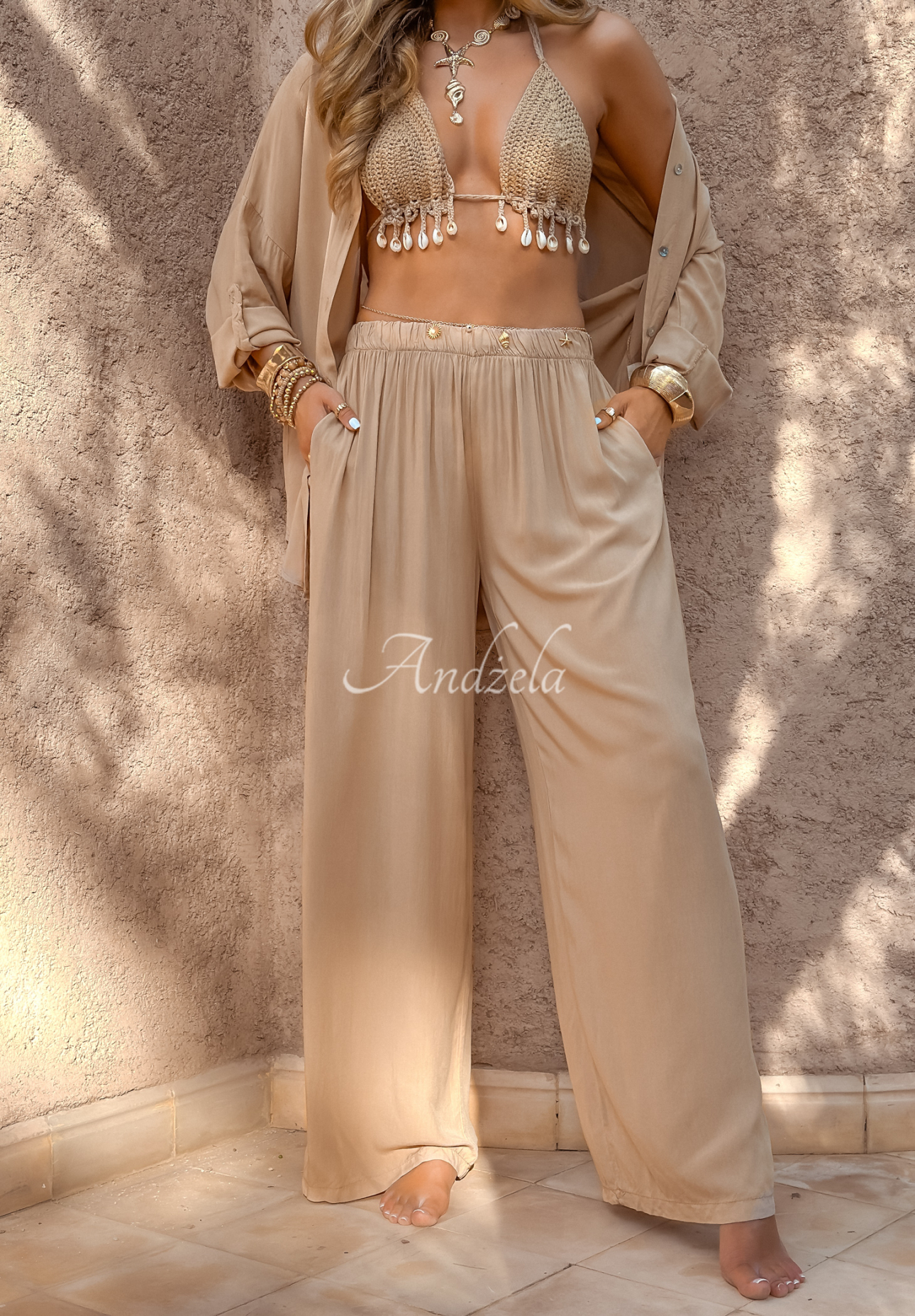 Set din viscoză Summer Skies format din cămașă și pantaloni wide leg