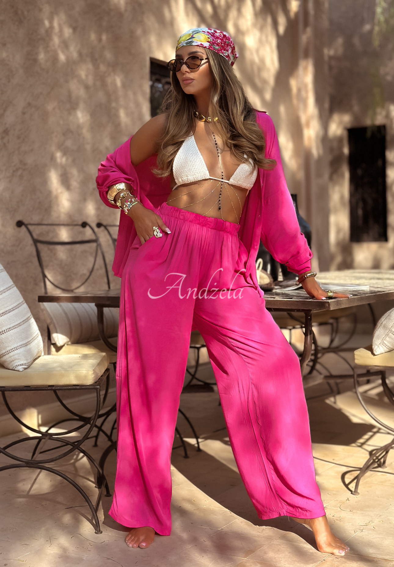 Set din viscoză Summer Skies format din cămașă și pantaloni wide leg