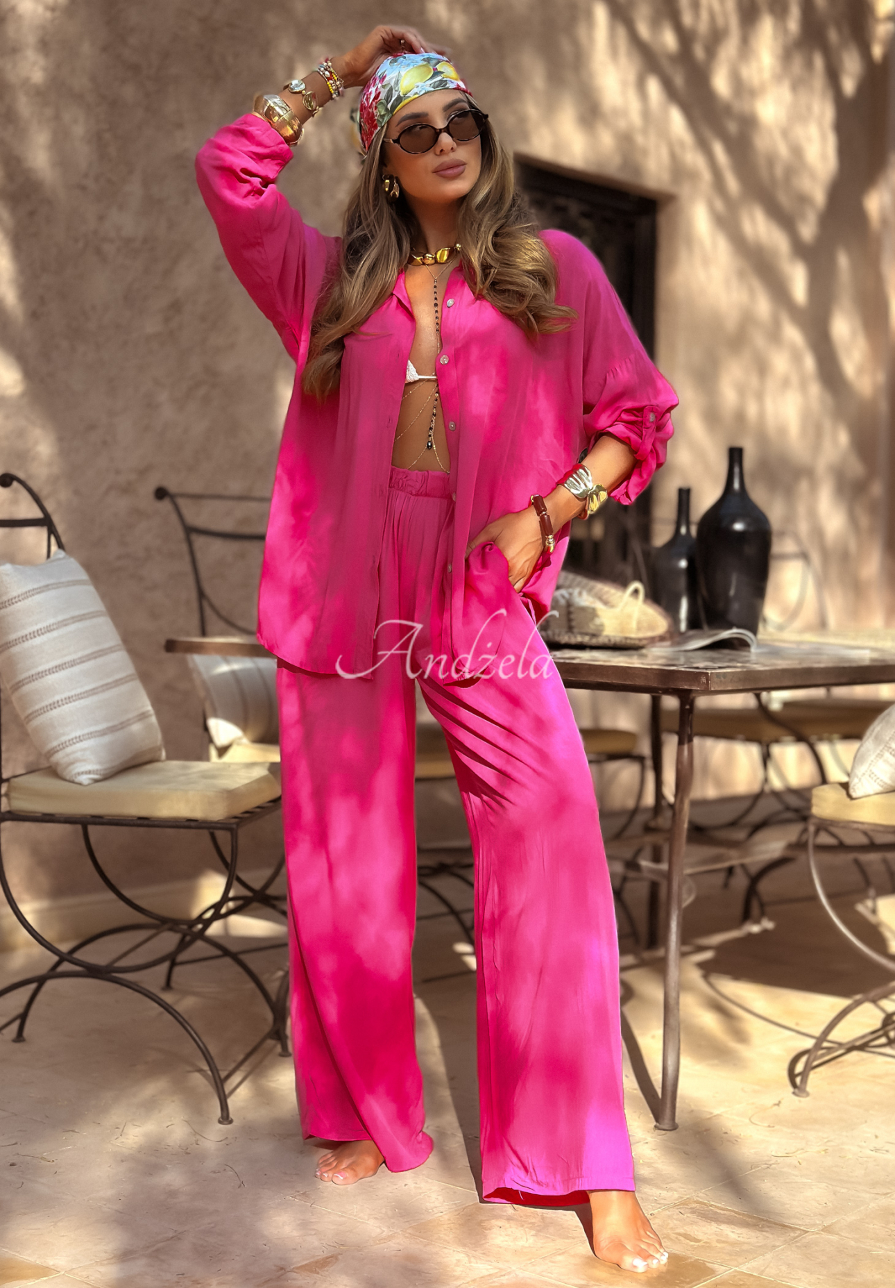 Set din viscoză Summer Skies format din cămașă și pantaloni wide leg