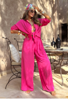 Wiskozowy Compleu Cămașă i Pantaloni wide leg Summer Skies fucsia