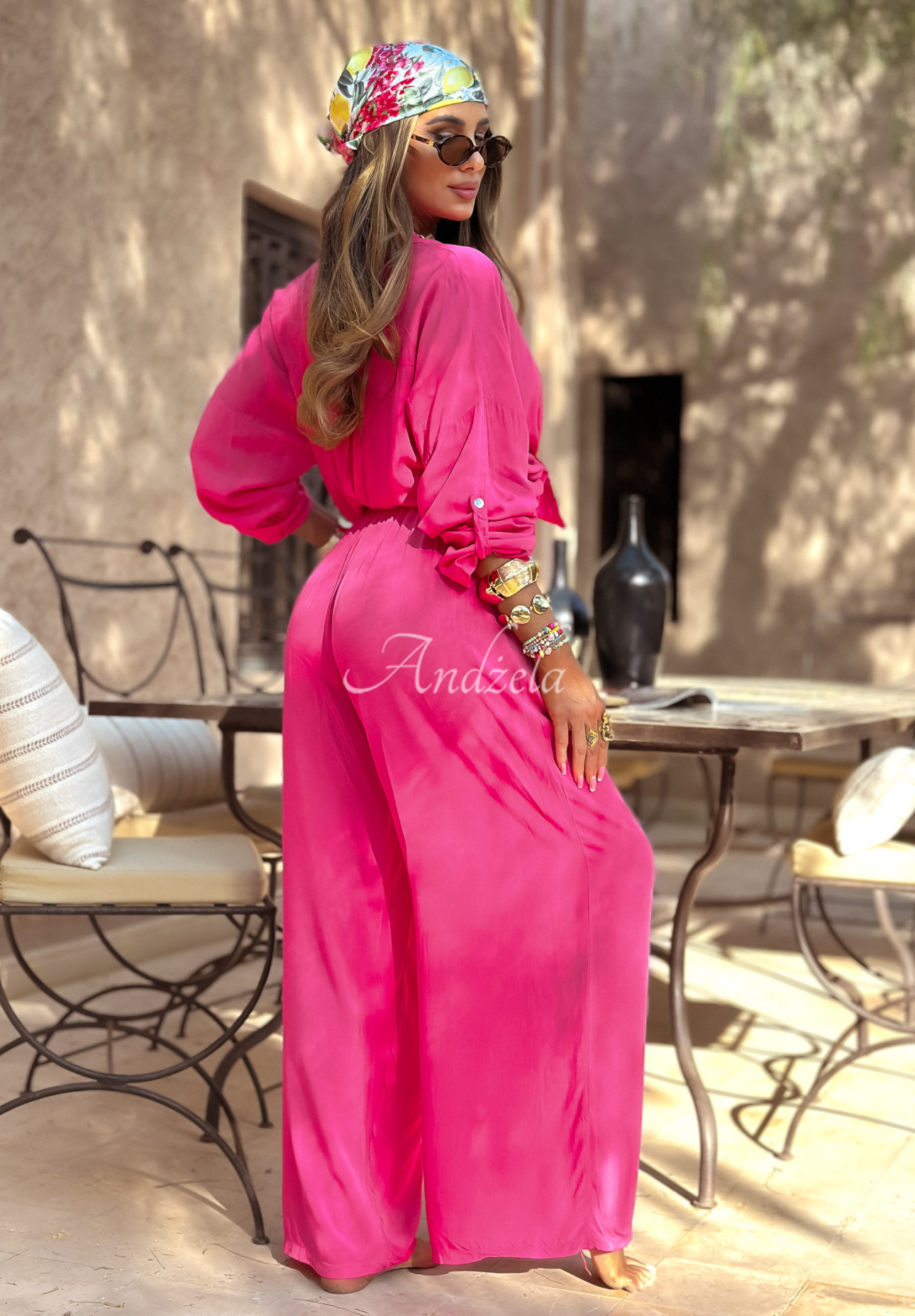 Set din viscoză Summer Skies format din cămașă și pantaloni wide leg