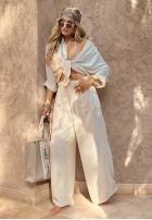 Wiskozowy Compleu Cămașă i Pantaloni wide leg Summer Skies jasnobeżowy