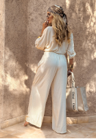 Wiskozowy Compleu Cămașă i Pantaloni wide leg Summer Skies jasnobeżowy