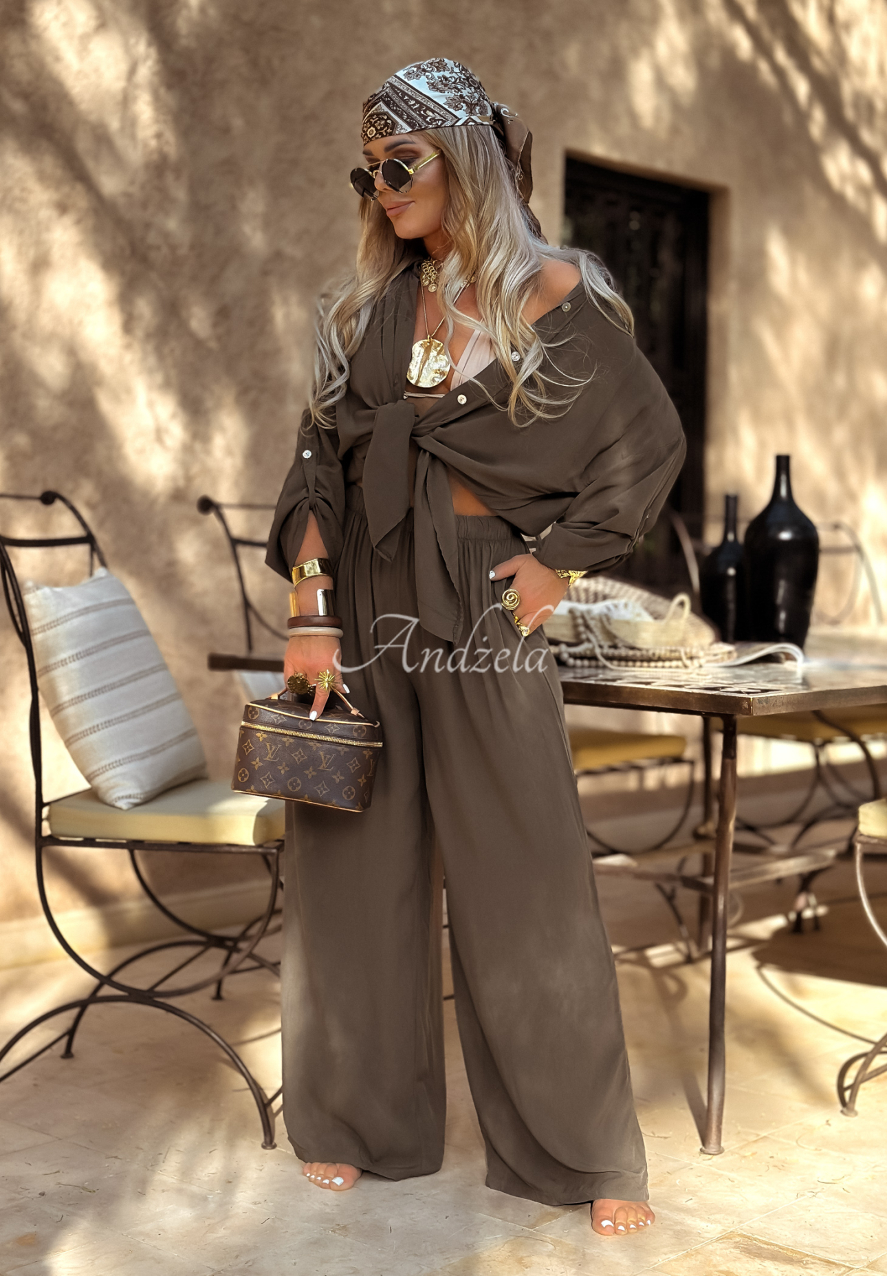 Set din viscoză Summer Skies format din cămașă și pantaloni wide leg