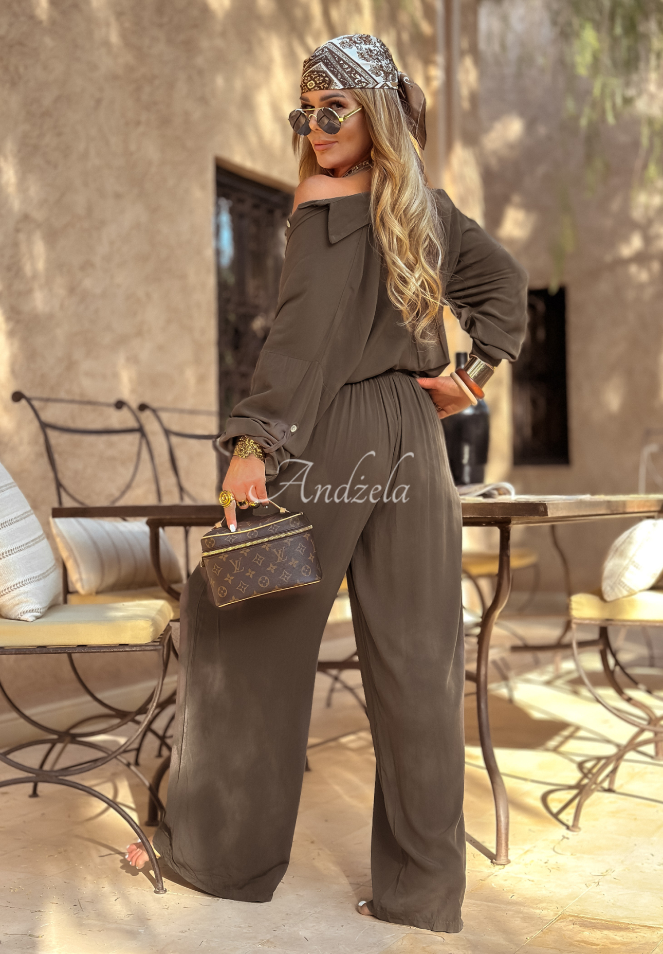 Set din viscoză Summer Skies format din cămașă și pantaloni wide leg