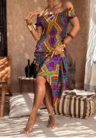 Wzorzysta Rochie z bufkami French Polynesia żółto-violet