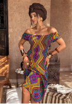 Wzorzysta Rochie z bufkami French Polynesia żółto-violet
