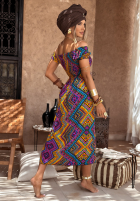 Wzorzysta Rochie z bufkami French Polynesia żółto-violet