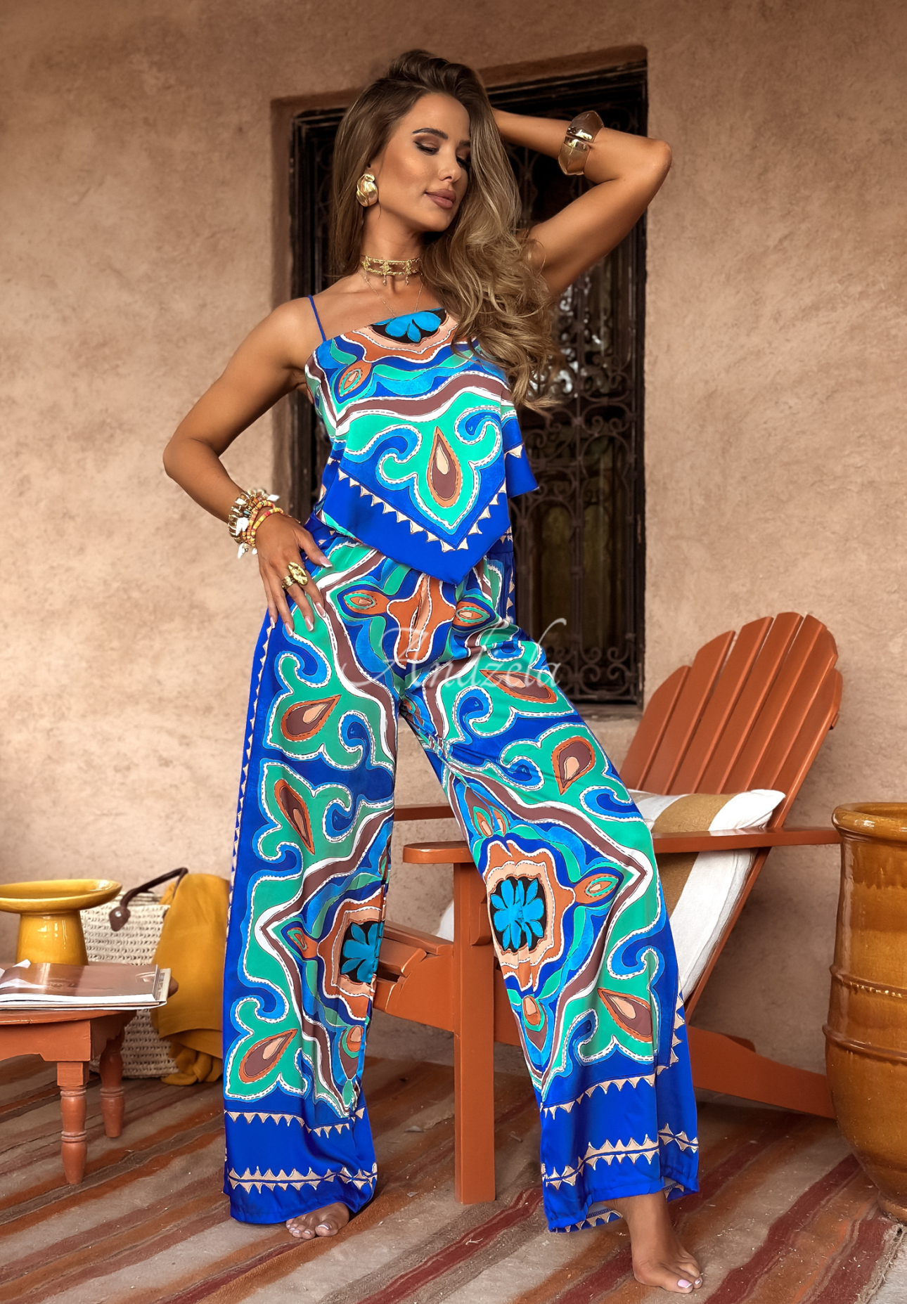 Compleu din satin Serene Escape format din Top  și pantaloni wide leg