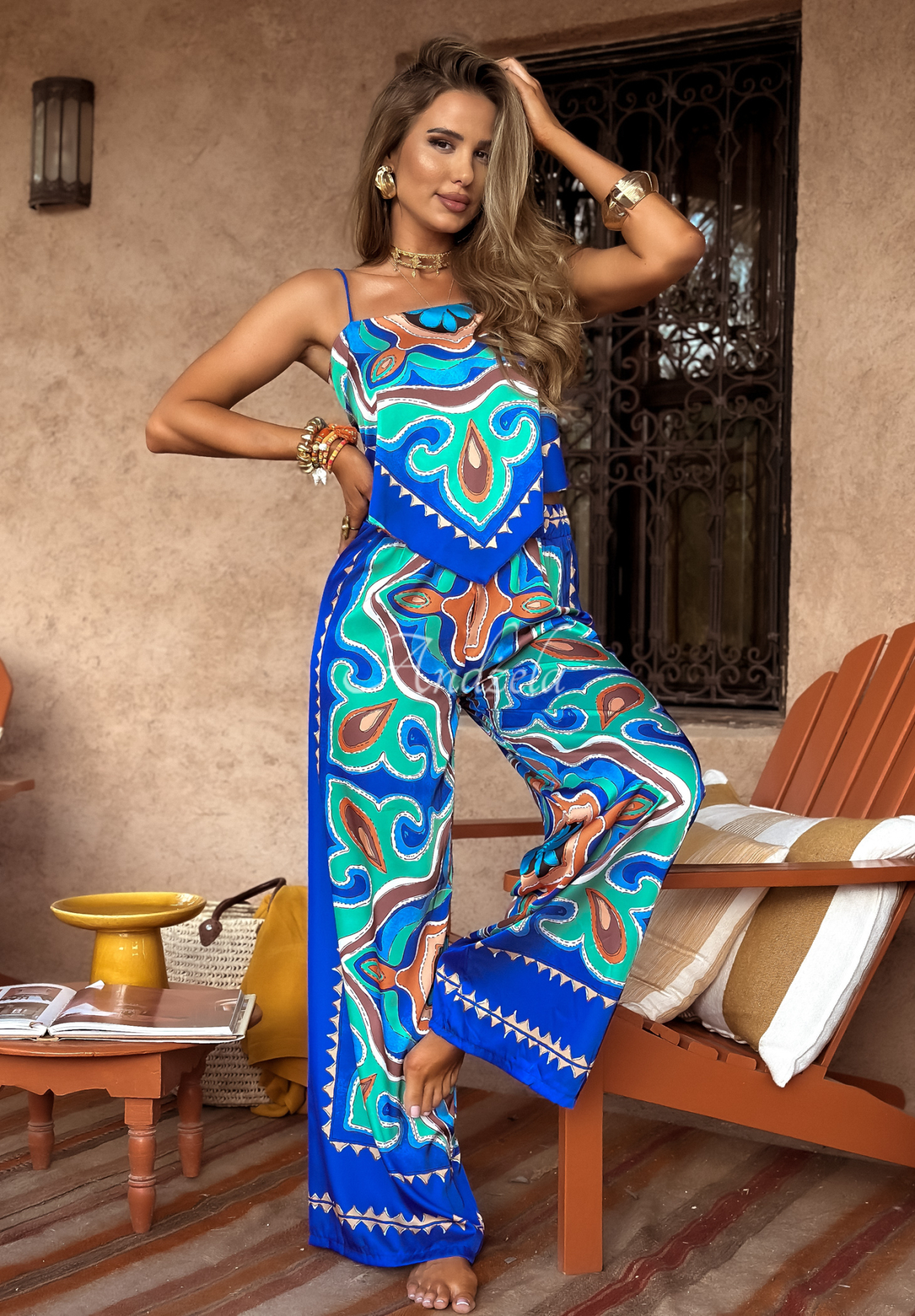 Compleu din satin Serene Escape format din Top  și pantaloni wide leg