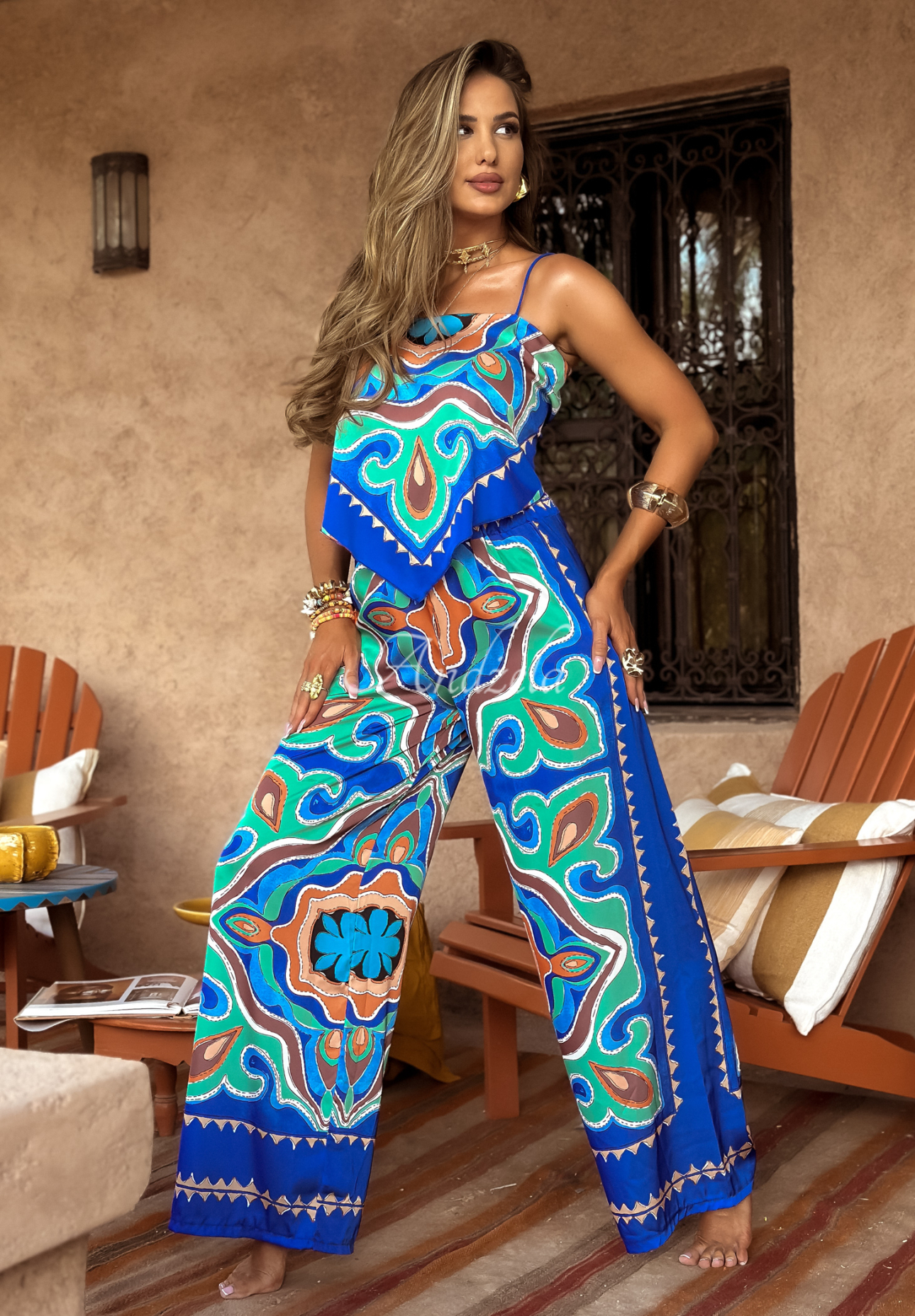 Compleu din satin Serene Escape format din Top  și pantaloni wide leg