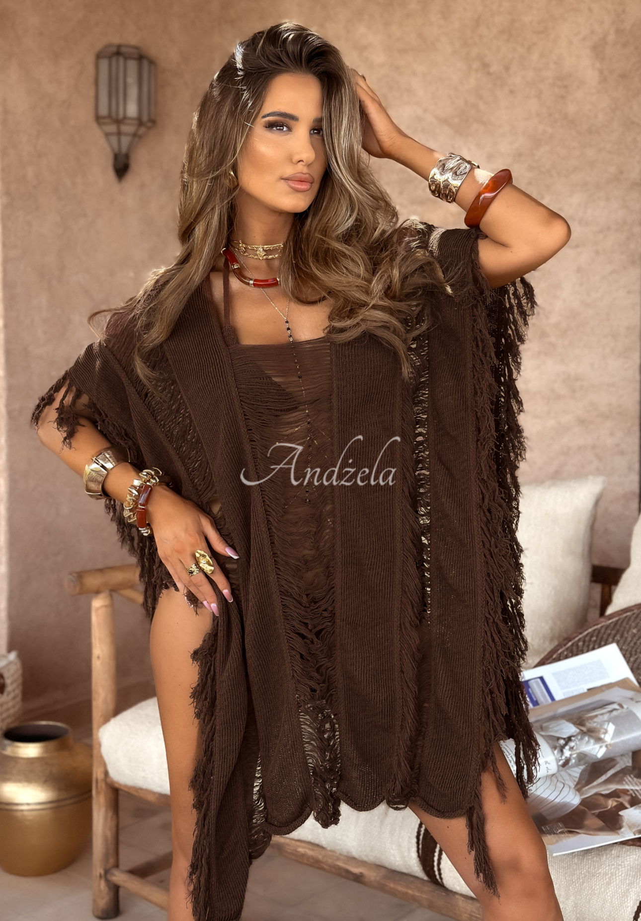 Pelerină de plajă boho ajurată cu franjuri Agafay Desert