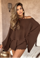 Krótki ażurowy Pulover z szerokimi rękawami boho Sunshine Perfection ciocolatiu