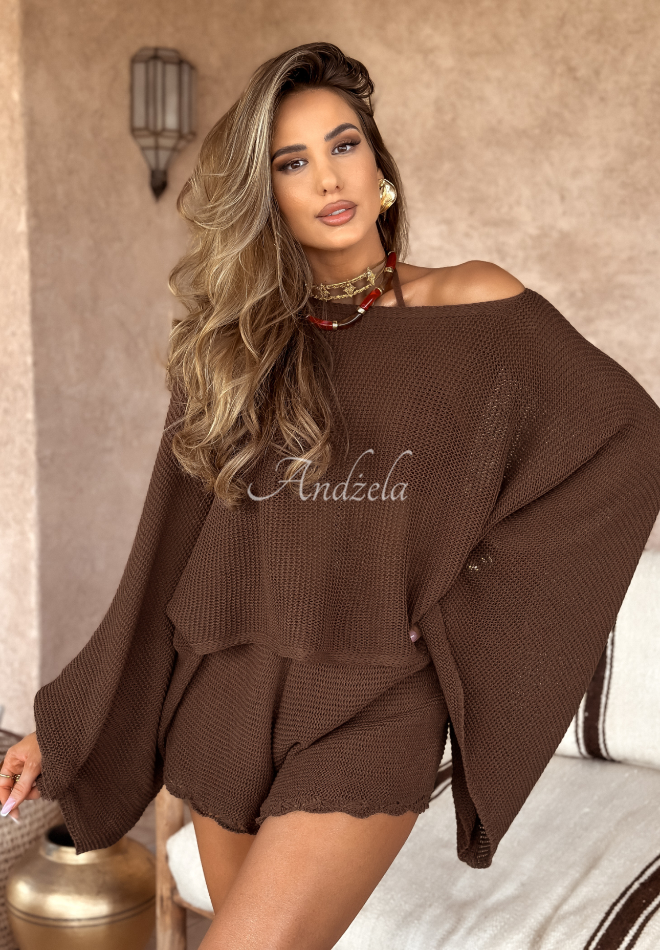 Pulover scurt ajurat cu mâneci largi boho Agafay Desert