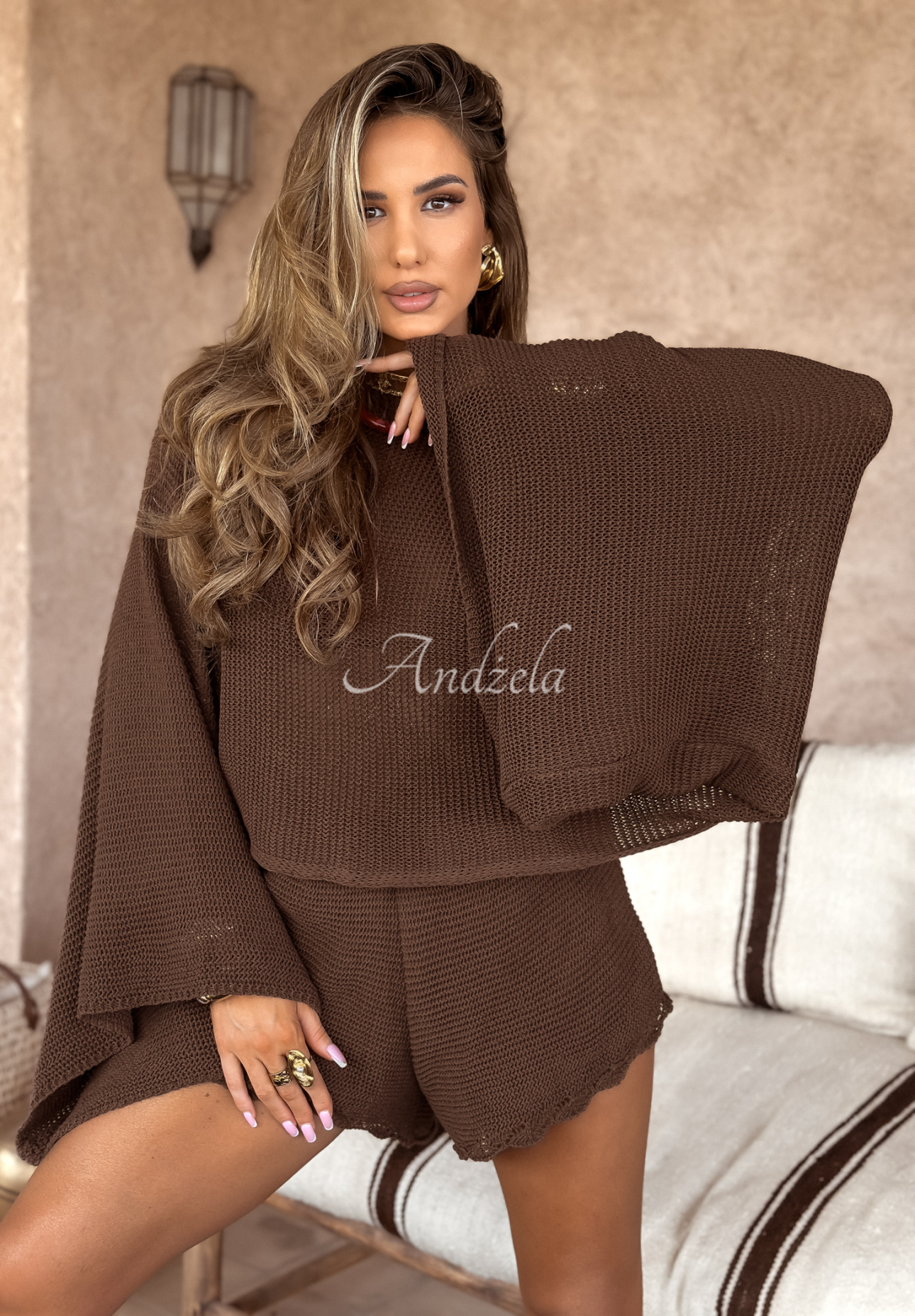 Pulover scurt ajurat cu mâneci largi boho Agafay Desert