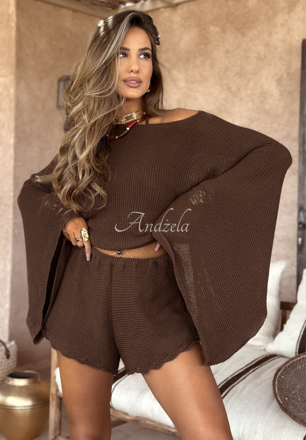 Pulover scurt ajurat cu mâneci largi boho Agafay Desert