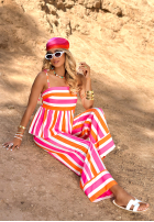 Compleu Bluză i Pantaloni wide leg w paski Sunny Stripes pomarańczowo-roz
