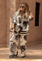 Wzorzysty Compleu Bluză i Pantaloni wide leg Exotic Retreat biało-negru