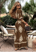 Wzorzysta Rochie maxi Rayna czekoladowo-bej