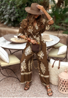 Wzorzysta Rochie maxi Rayna czekoladowo-bej