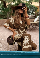 Wzorzysta Rochie maxi Rayna czekoladowo-bej