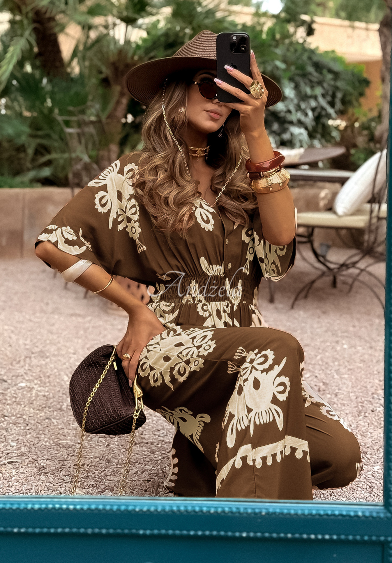 Salopetă lungă din viscoză Rayna cu imprimeu
