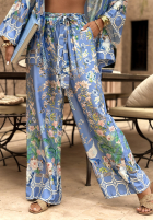 Pantaloni wide leg din satin Egzotic Mosaic cu imprimeu
