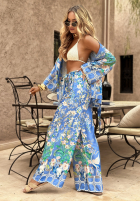 Satynowe Pantaloni wide leg cu modele Egzotic Mosaic albastre