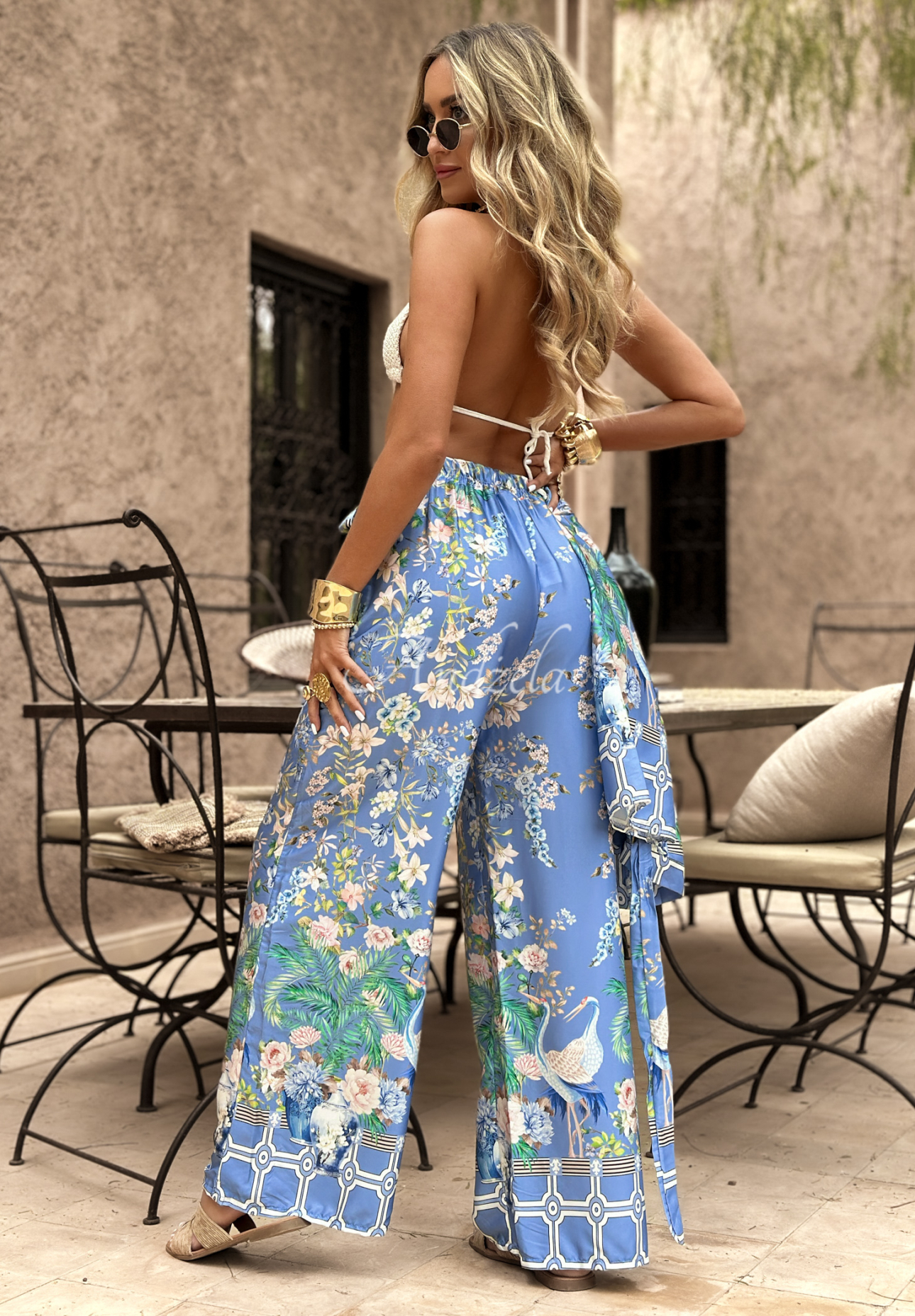 Pantaloni wide leg din satin Egzotic Mosaic cu imprimeu