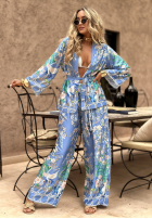 Satynowe Pantaloni wide leg cu modele Egzotic Mosaic albastre