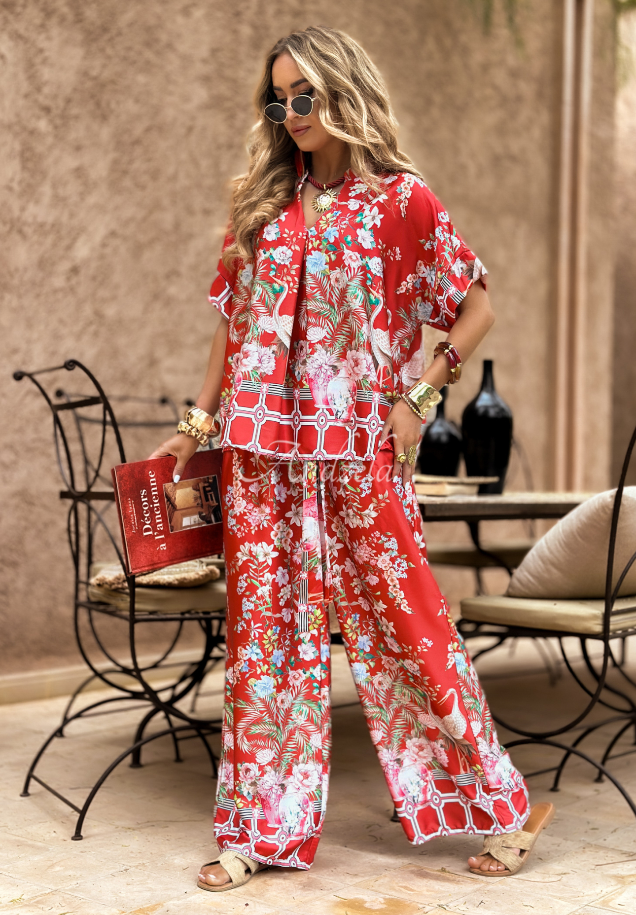 Pantaloni wide leg din satin Egzotic Mosaic cu imprimeu