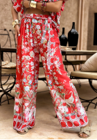 Satynowe Pantaloni wide leg cu modele Egzotic Mosaic roșii