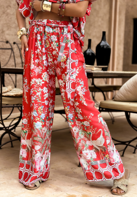 Pantaloni wide leg din satin Egzotic Mosaic cu imprimeu