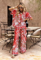 Satynowe Pantaloni wide leg cu modele Egzotic Mosaic roșii
