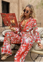 Satynowe Pantaloni wide leg cu modele Egzotic Mosaic roșii
