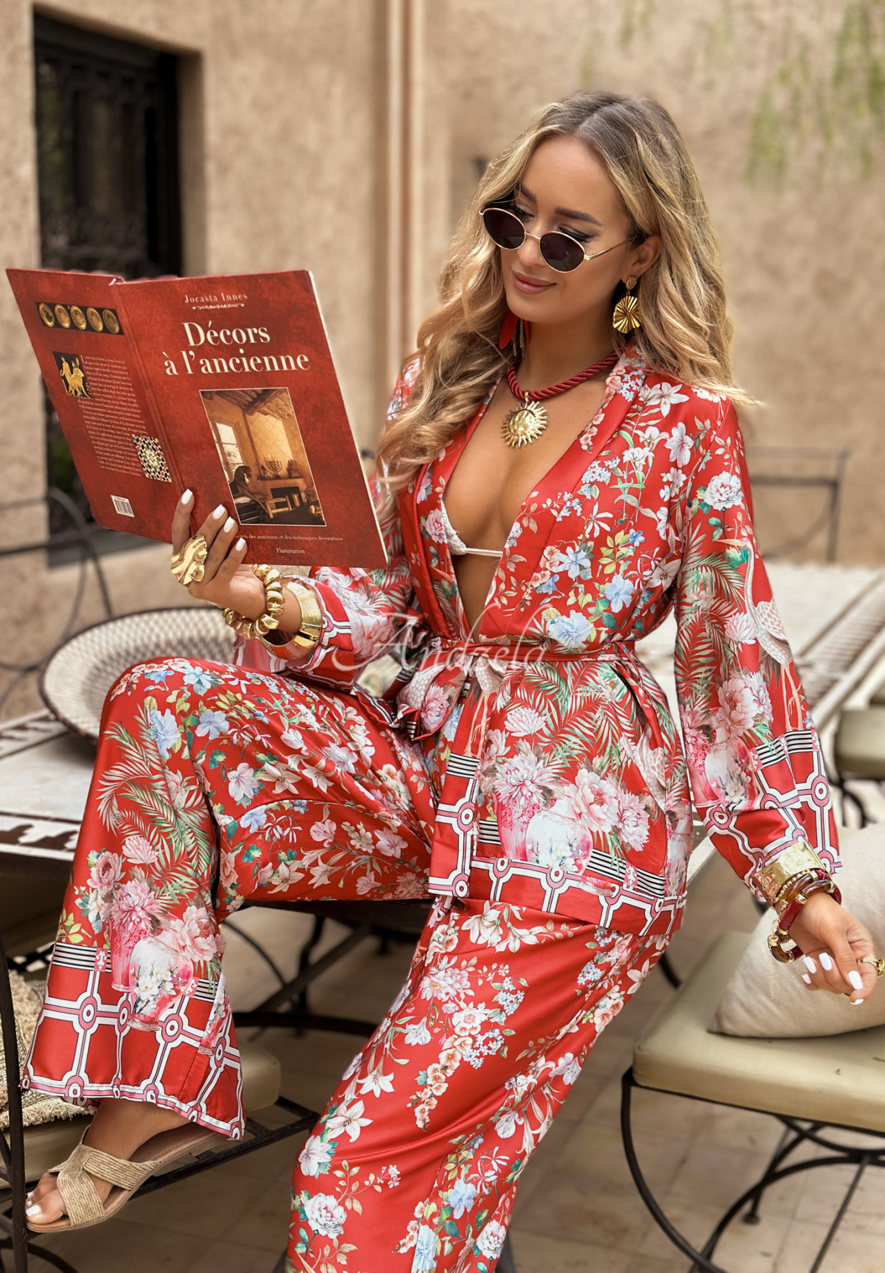 Pantaloni wide leg din satin Egzotic Mosaic cu imprimeu