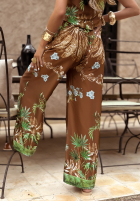 Pantaloni wide leg cu modele Jungle Escape ciocolatii
