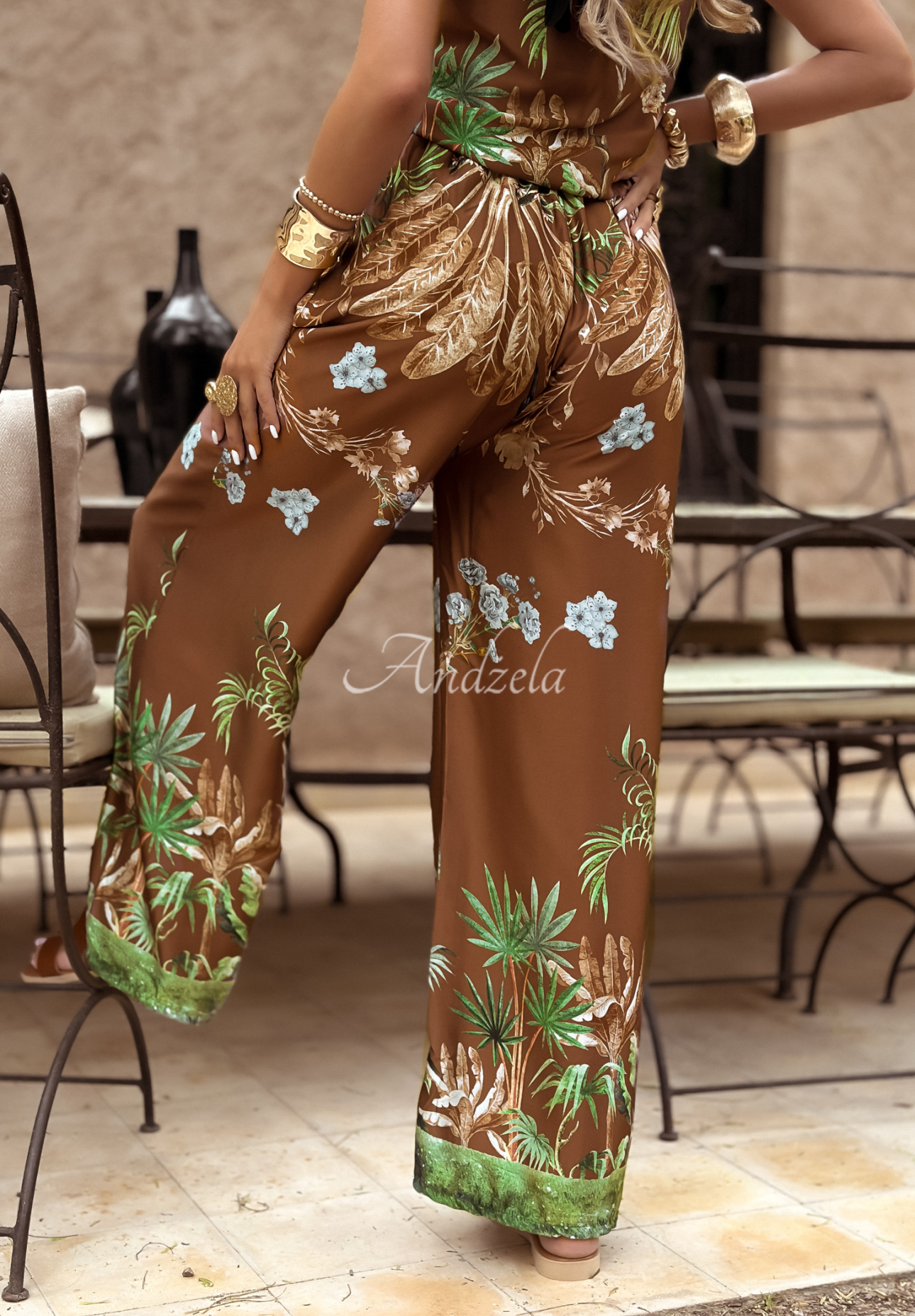 Pantaloni wide leg Jungle Escape cu imprimeu