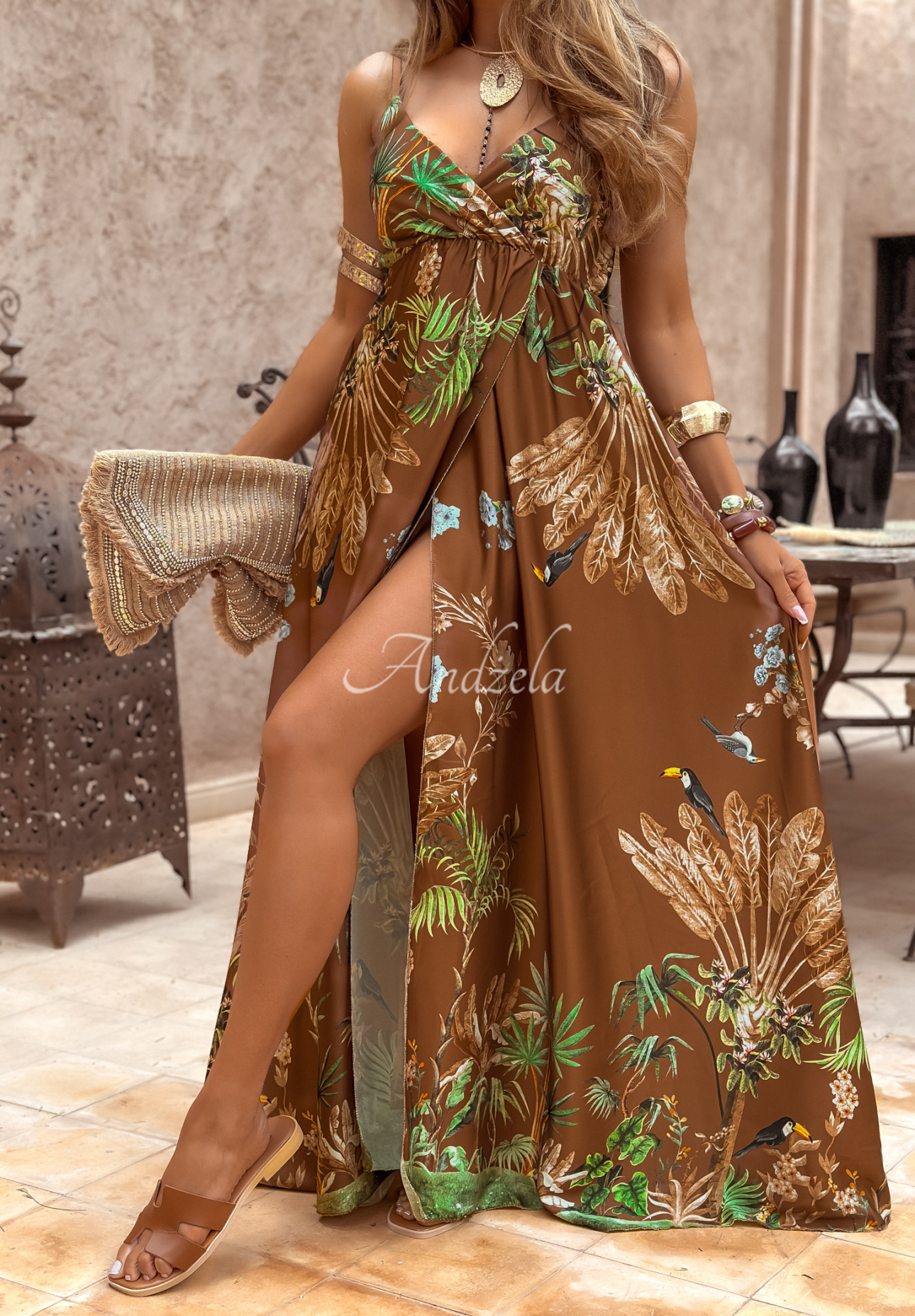 Rochie maxi cu bretele Jungle Escape cu imprimeu