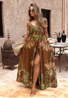 Rochie maxi na ramiączkach cu modele Jungle Escape ciocolatie