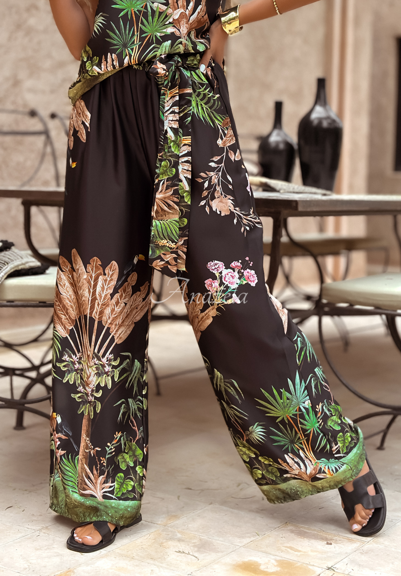 Pantaloni wide leg Jungle Escape cu imprimeu