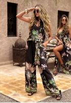 Pantaloni wide leg cu modele Jungle Escape negre