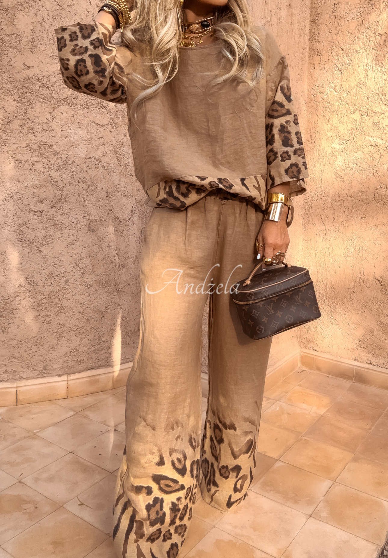 Set din in cu imprimeu leopard Summer Person format din bluză și pantaloni wide leg