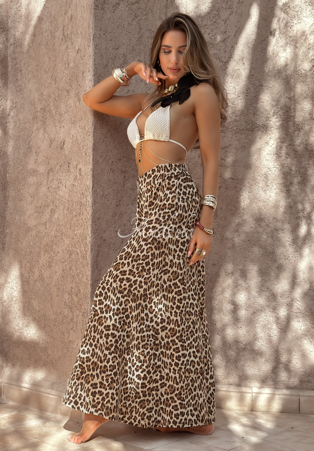 Pantaloni wide leg din material Place For You cu imprimeu leopard