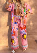 Compleu koszule i Pantaloni wide leg cu modele Piece Of Paradise roz