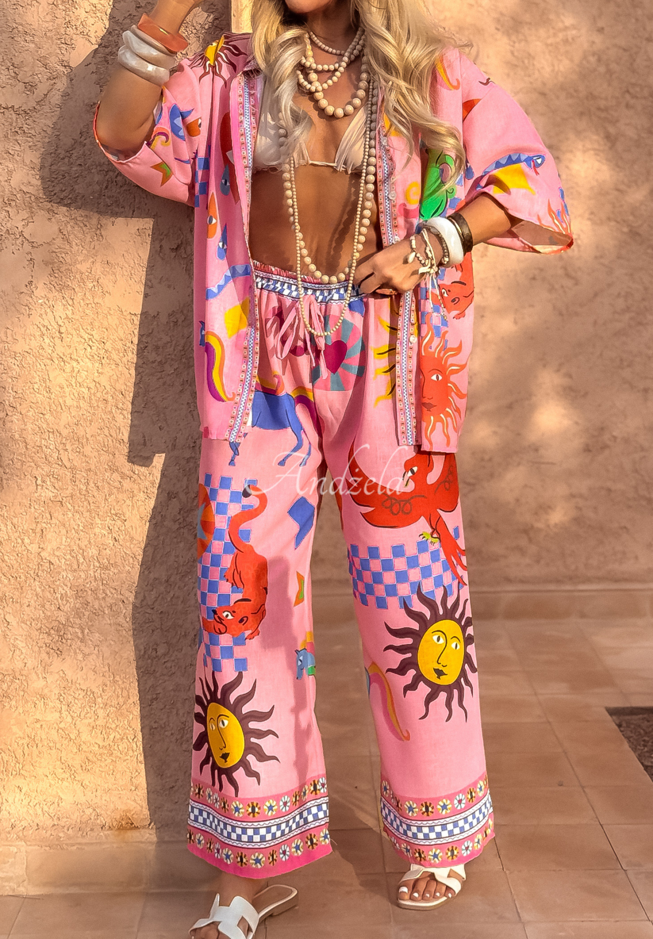 Compleu format din cămașă și pantaloni wide leg Piece Of Paradise cu imprimeu
