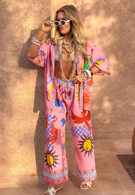 Compleu format din cămașă și pantaloni wide leg Piece Of Paradise cu imprimeu