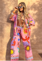 Compleu koszule i Pantaloni wide leg cu modele Piece Of Paradise roz