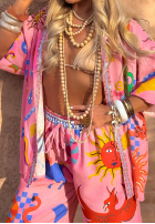 Compleu koszule i Pantaloni wide leg cu modele Piece Of Paradise roz