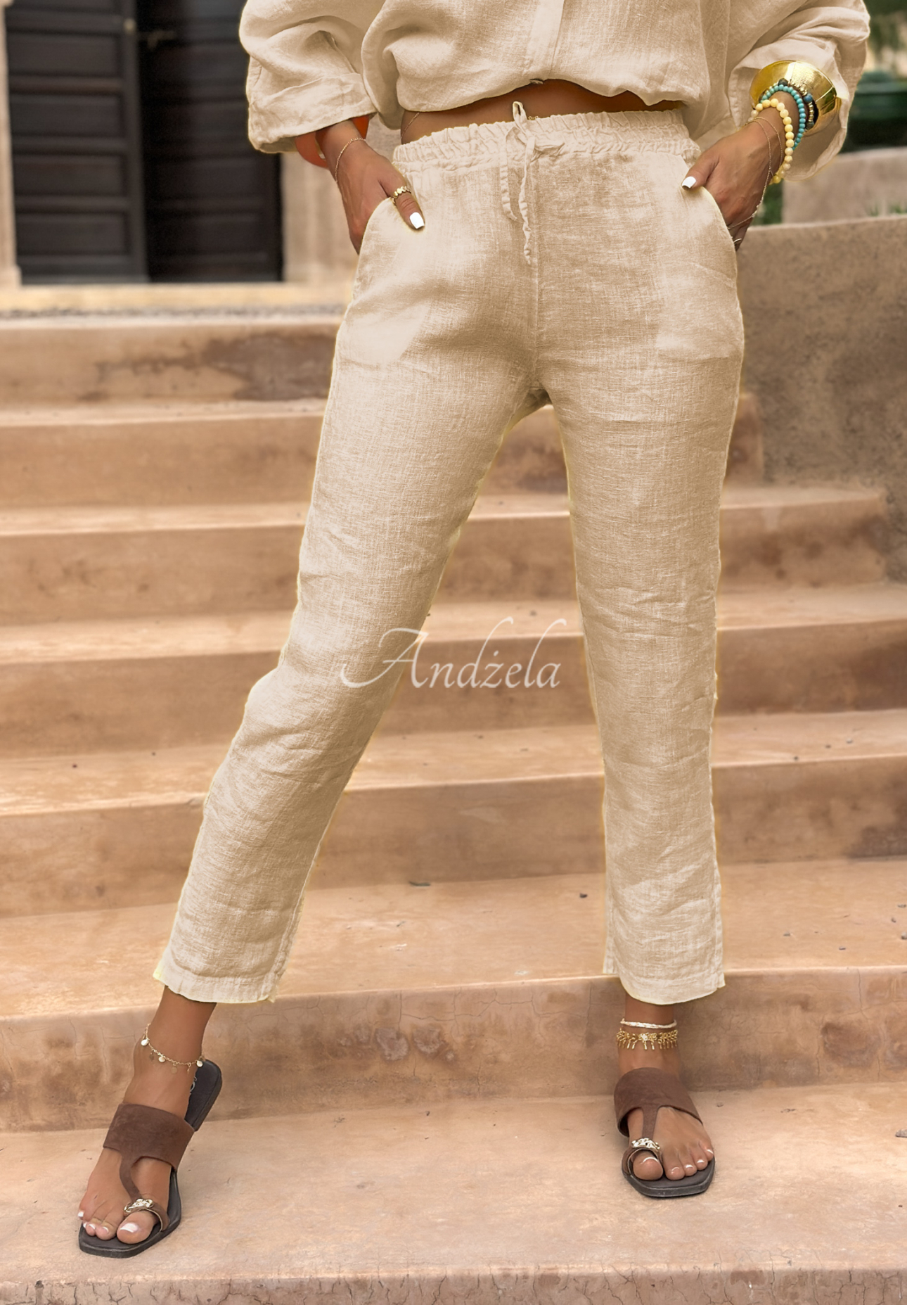 Pantaloni din in Summery Essentials cu legare
